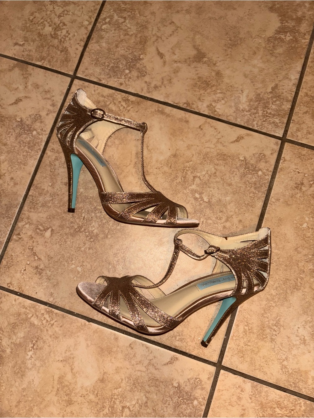 Betsey Johnson Metallic Rose Gold T-Strap Heels with Turquoise Heel